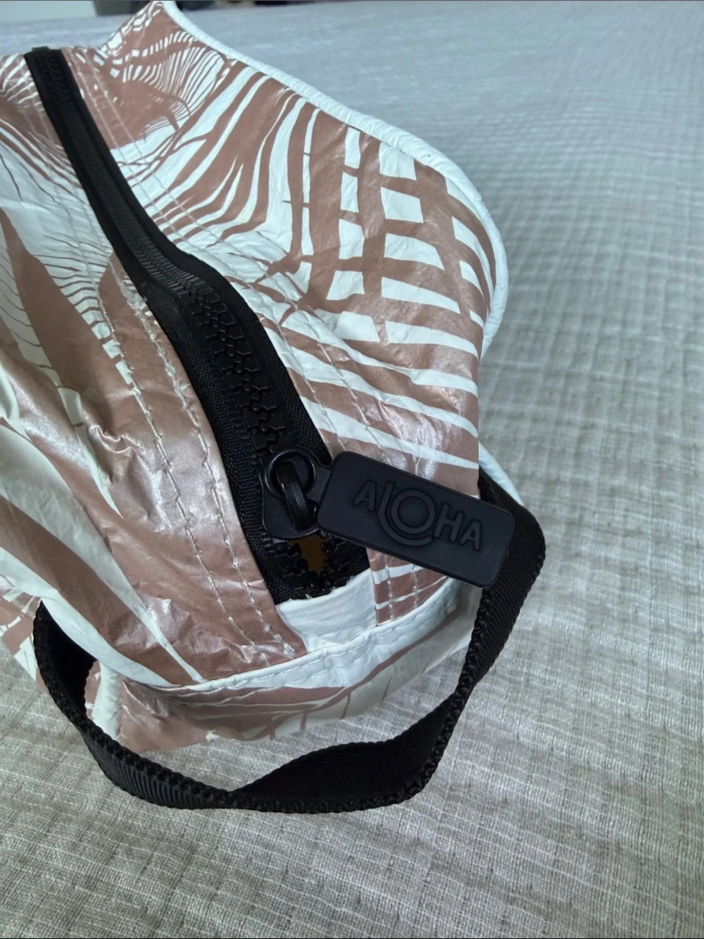 ALOHA Collection White Cosmetic Bag with Rose-Gold Palm Print